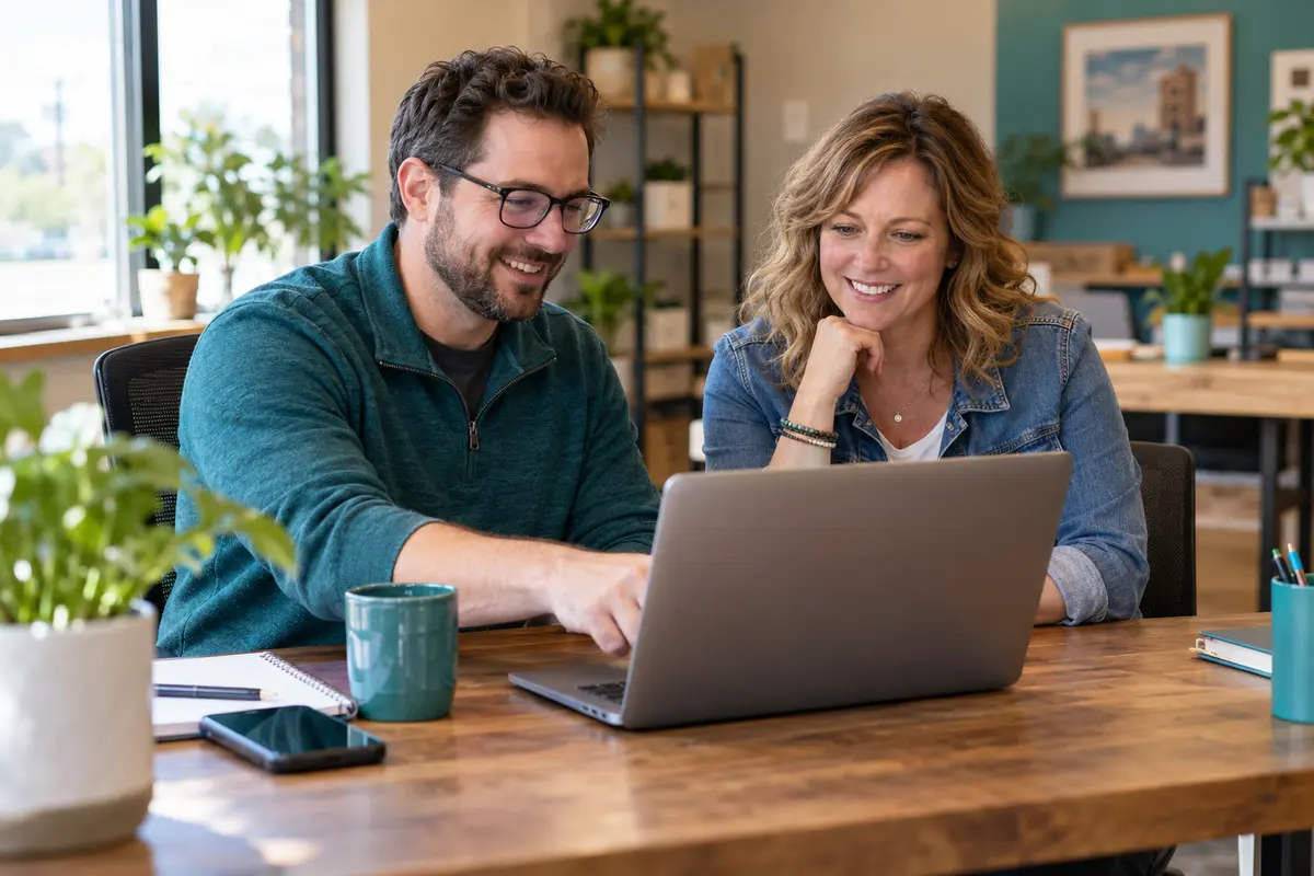 Illustrative scene: a technology professional and business owner reviewing customer inquiries.