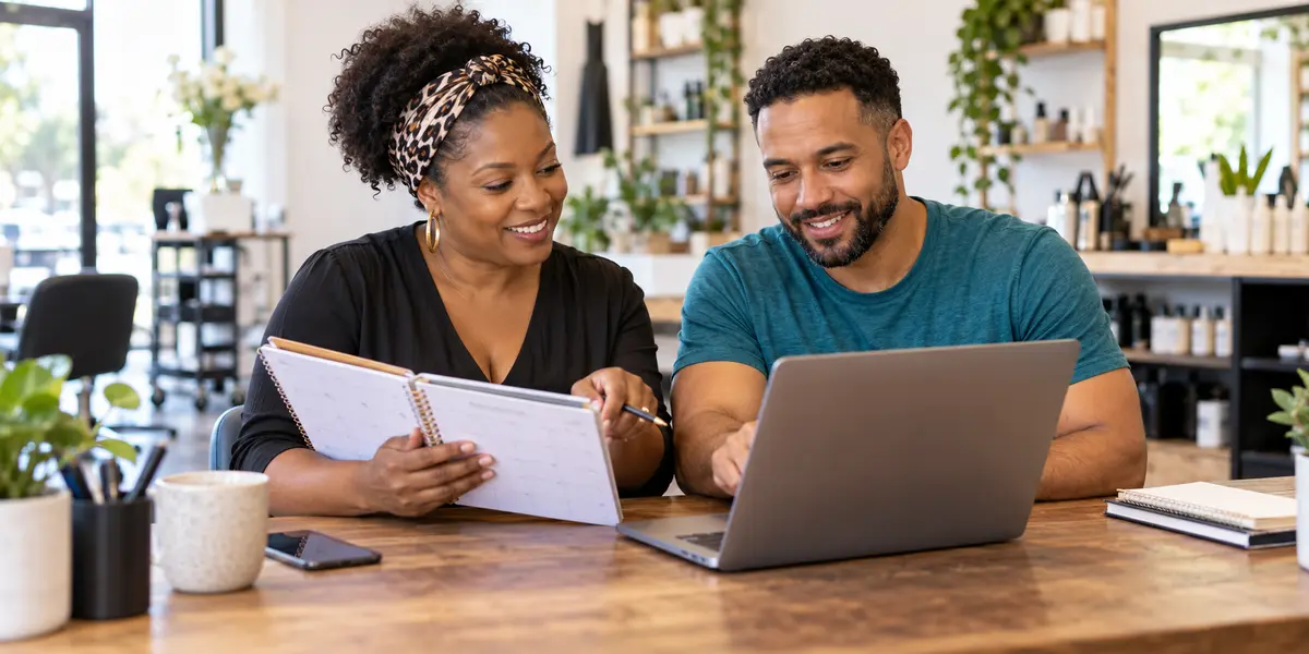 Illustrative scene: a business owner and technology professional planning appointments.