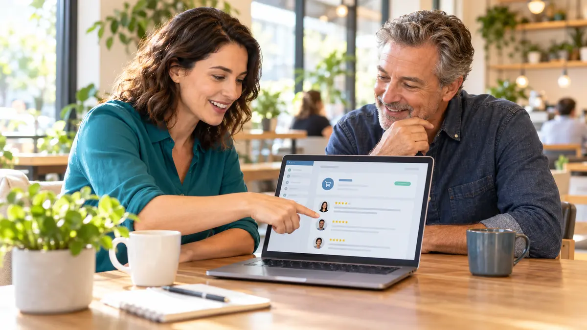 Illustrative scene: a business owner reviewing online payment tools with a technology professional.